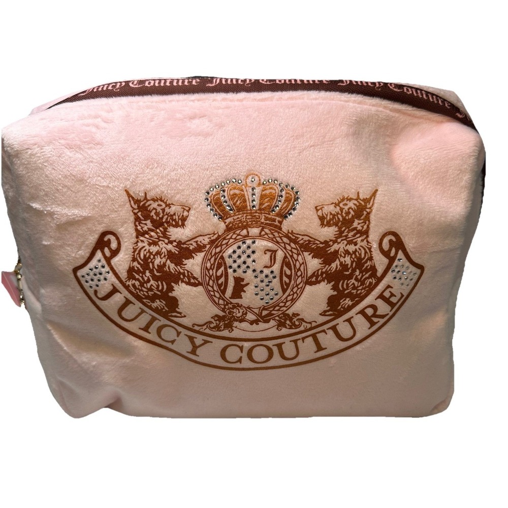 Juicy Couture Pink Velour Travel Cosmetic Bag Rhinestone Scottie Crest NWT